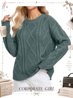 Cable Knit Sweater Women's Crewneck Chunky Pullover Loose Fit